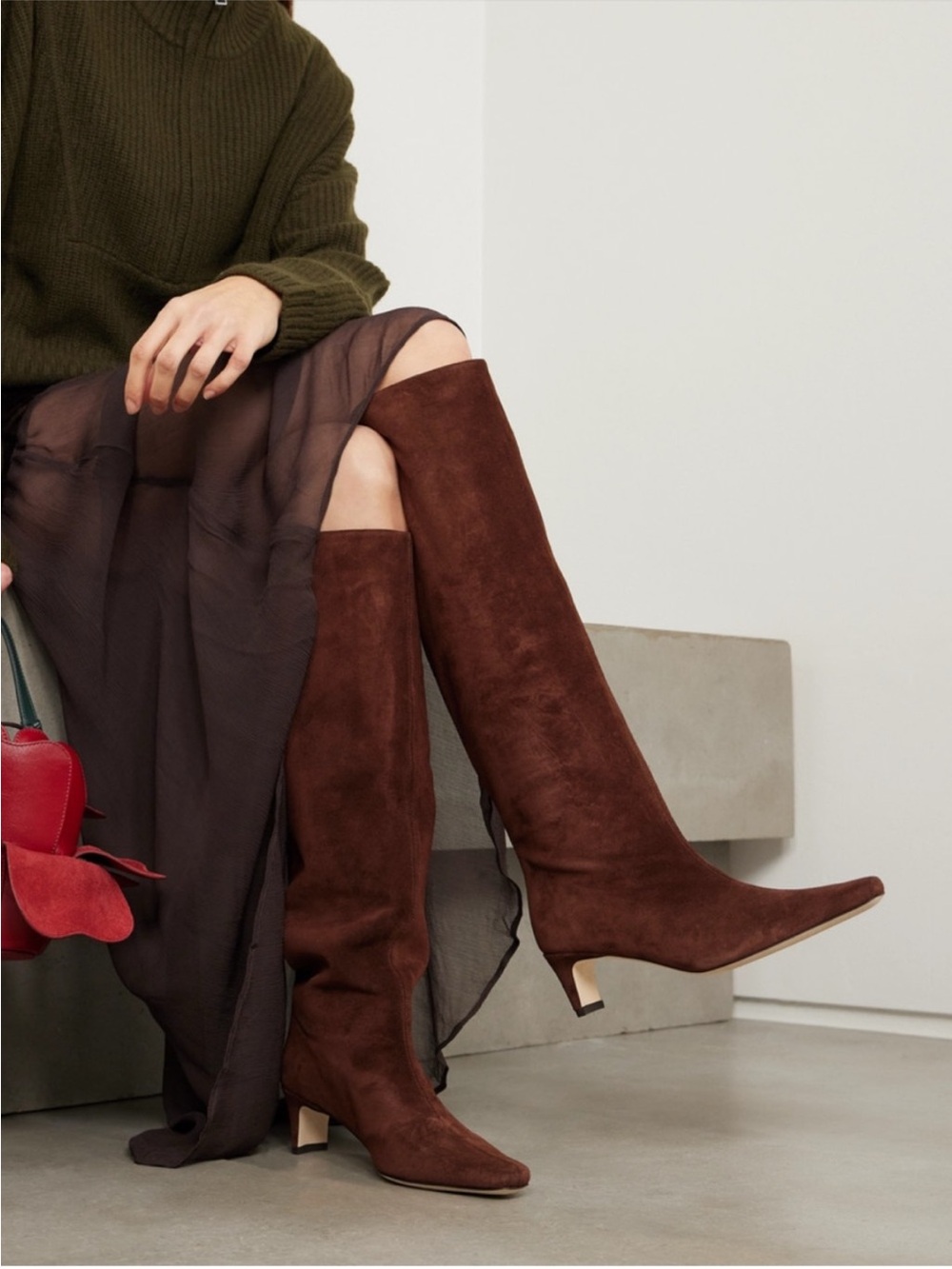 ❤️‍🔥 STAUD Chocolate Brown Suede Kitten Heel Knee Boots